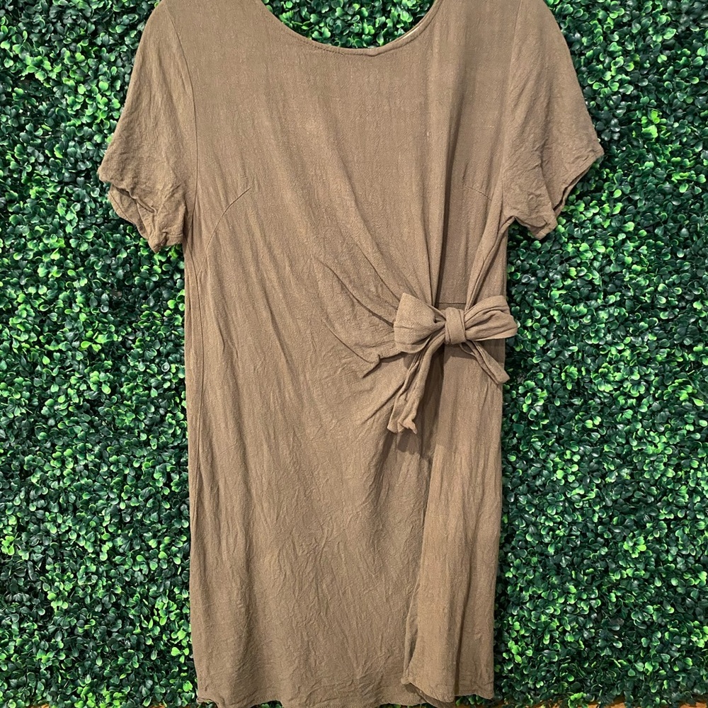 Linen Olive Green Dress with tie accent